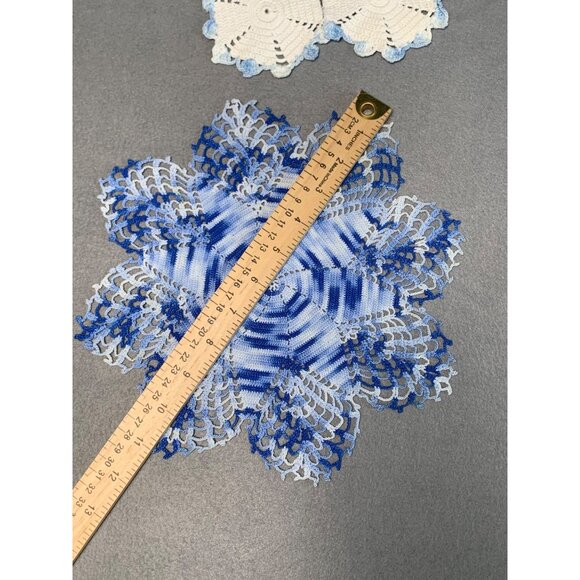 Handmade Crochet Doilies Set Of 2 - Blue & White - Lace Table Decor - Vintage Ho - Picture 4 of 12